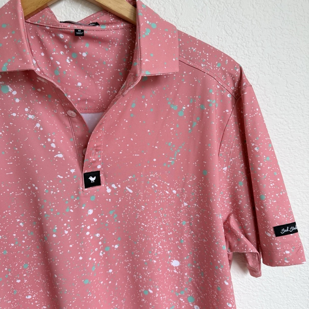 Bad Birdie Golf Shirt Men's M Pink‎ Paint Splatter Polo Performance Stretch